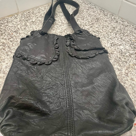 Vintage Y2K Lucky Bag Rockin Ruffle Black Lamb Leather Shoulder Tote Floral Line - Picture 12 of 13